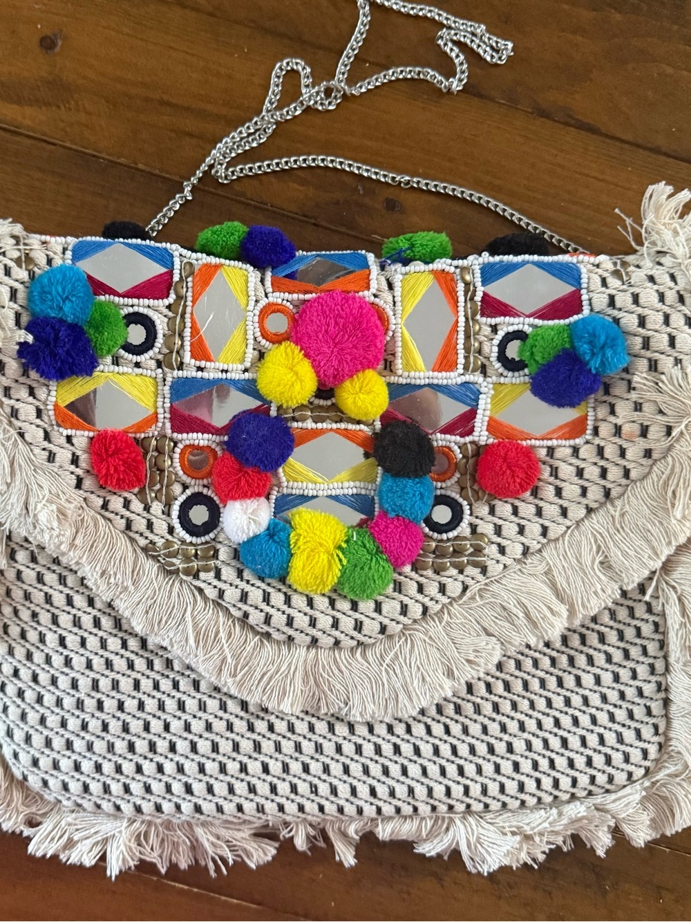 Circus by Sam Edelman Cream Woven Crossbody with Multicolor Pom Poms
